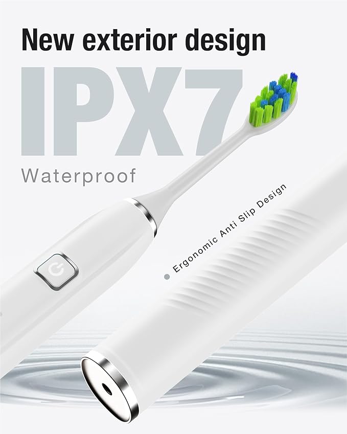 7AM2M Sonic Electric Toothbrush with 6 Brush Heads for Kids and Children, One Charge for 90 Days, Wireless Fast Charge, 5 Modes with 2 Minutes Build in Smart Timer, Electric Toothbrushes(White)