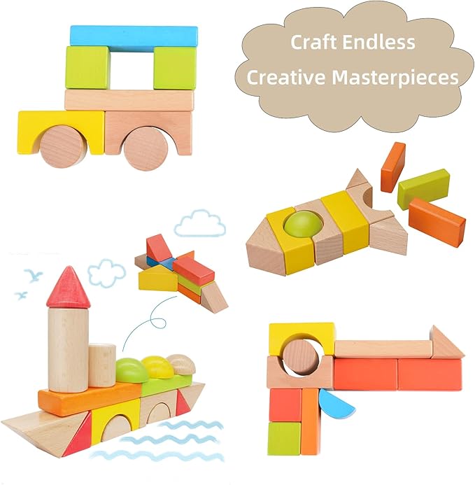 80pcs Wooden Building Blocks Set for Toddlers - Natural & Colorful Stacking Blocks with Carrying Bag - Educational Preschool Montessori Learning Toys - Perfect for Kids Ages 18 Months up