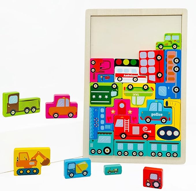 Wooden Blocks Puzzle Russian Blocks for Kids Age 3 4 5 Years Old, Children's Puzzle Game Board Learning Education Montessori Toddler Puzzle Wooden Toys for Kids Birthday Party Gift (Vehicle)