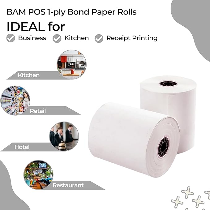 1Ply Bond Receipt Paper Rolls 3 x 150 White Paper for Kitchen Impact Printers TMU200 SRP275 Star SP700 Suitable For Printing Kitchen Tickets and Order receipts 24 Rolls Per Case
