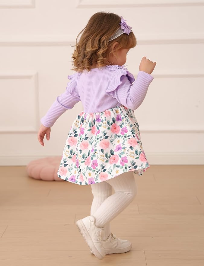 Baby Girl Dress Fall Flower Ruffle with Lace Headband Toddler Girls 3M-3T Infant Dresses Winter Baby Girl Clothes
