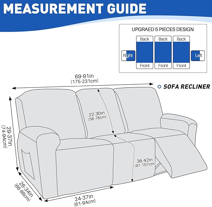 MAXIJIN Waterproof Recliner Couch Cover 5 Pieces Recliner Sofa Covers 3 Seater, Reclining Couch Furniture Protector with Elastic Straps & Pockets for Pet, Kids (Sofa Recliner, Dusty Blue)