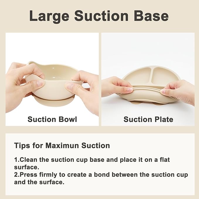 Silicone Baby Feeding Set | Baby Led Weaning Supplies Includes Suction Bowls and Divided Plates, Adjustable Bib, Baby Utensils Spoons and Forks,Cup | Baby Feeding Essentials (Beige)