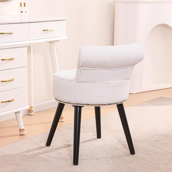 Sherpa Vanity Chair with Back Small Makeup Chair with Wood Legs Sherpa Vanity Stool Tufted Accent Chairs with Low Back Makeup Chair for Vanity for Women Girl and Kids (White)