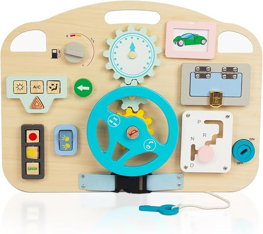 Montessori Wooden Toddler Toys, Busy Board for 1-4 Year Olds, Sensory Activity Board for Fine Motor Skills, Travel Educational Sensory Toys for Boys & Girls