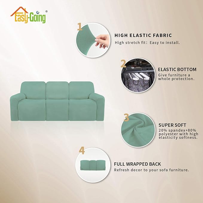 Easy-Going 8 Pieces Microfiber Stretch Sectional Recliner Sofa Slipcover Soft Fitted Fleece 3 Seats Couch Cover Washable Furniture Protector with Elasticity for Kids Pet(Recliner Sofa, Cyan)