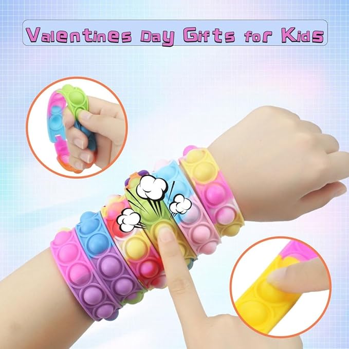 28PCS Valentines Cards with Pop Bracelets Fidget Toys, Bulk-Valentine's Day Gifts for Kids, Valentine Exchange Cards Gift for Classroom, School Party Favors for Kids, Valentine's Day Prize Toys