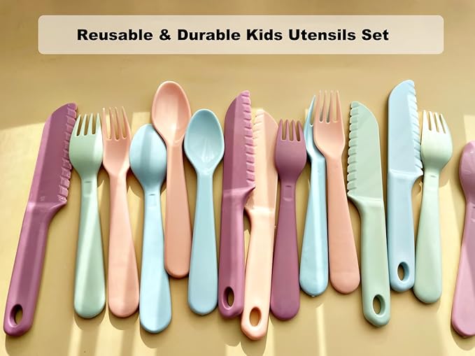 Kids Cutlery Set, 12pcs Plastic Utensils for Toddlers Real Cooking, Reusable Flatware Set with Nylon Serrated Knives, Fork and Spoon for Camping, Party, School Lunch Box (Macaron Colorful)