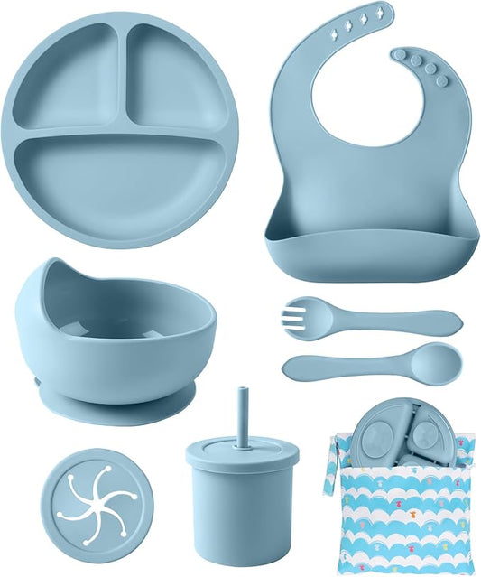 Silicone Baby Feeding Set, 10 Pcs Baby Led Weaning Supplies with Suction Bowl Divided Plate Adjustable Bib Soft Spoon Fork Snack Cup with Lid Drinking Cup, Utensil (Blue)
