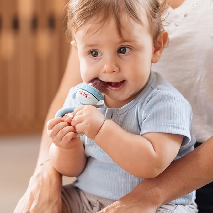 Nuby Baby’s First Food Feeder - Soft Silicone Feeding Pouch with Hygienic Cover | for First Soft Foods and Teething | 2 Pack: Aqua & Blue | Twist n' Feed | Promotes Self Feeding |10+ Months