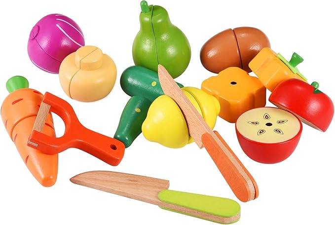 Wooden Toys Food for Kids Kitchen - Play Food Cutting Fruits and Vegetables Set for Pretend Role Play