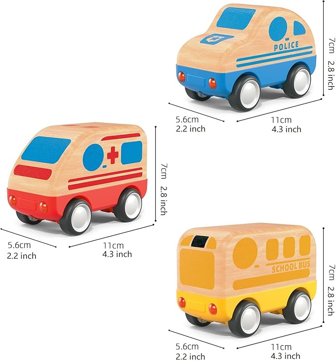 3pcs Wooden Toys Cars, Ambulance, Police Car and School Bus Educational Toy, Early Learning for Toddlers, Colorful Vehicles Play Set for 2 3 Year Old Boys Girls Christmas Birthday Gift