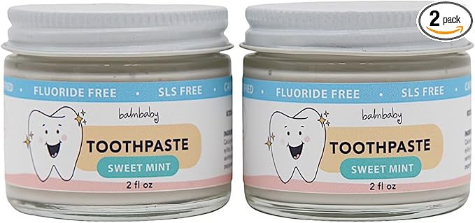 Kids All Natural Fluoride Free Toothpaste by Balm Baby Brand – SLS Free Toothpaste with Xylitol, Vegan, Gluten Free, BPA Free, Glass Jar Zero Waste Children’s Teeth Paste (2PK Mint)