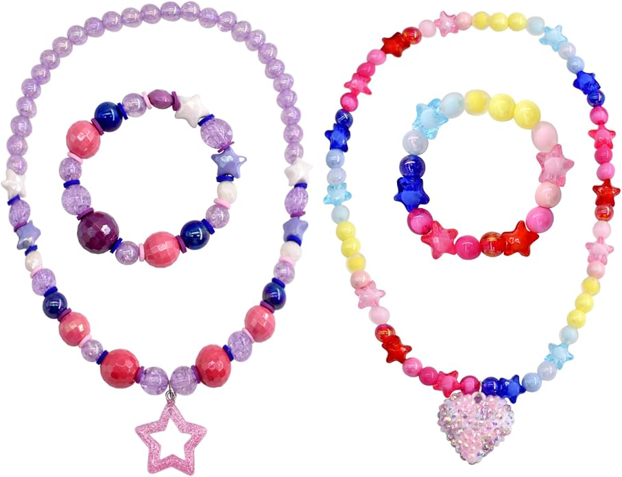 Kids Jewelry for Girls, Toddler Jewelry, 2 Sets Girls Jewelry Beaded Necklace and Beads Bracelet for Little Girls Kids Toddler, Little Girls Jewelry Set, Favors Bags for Girls