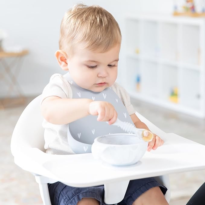 Bumkins Baby Bowl, Silicone Baby Feeding Set with Suction for Baby and Toddler, Includes Spoon and Lid, First Feeding Set, Essential for Baby Led Weaning for Babies 4 Months, Marble