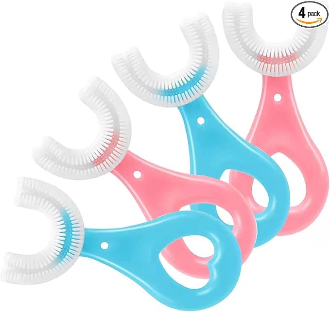 4 Pack U Shaped Toothbrush Kids, Soft Silicone Brush Head Whole Mouth with Handle 360 ° Oral Teeth Cleaning Design for Toddler Toothbrushes Age 2-6