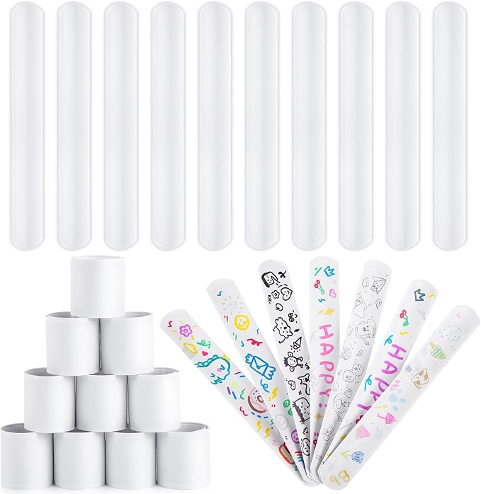 AMOR PRESENT Slap Bracelets Bulk, 64PCS White Slap Bracelets DIY Wrist Band Blank Snap Band for Kids Birthday Party Favors School Crafts Christmas Halloween Party Bag Fillers