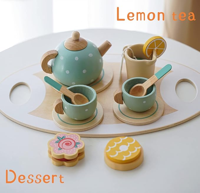 Wooden Tea Party Set for Little Girls Toys, Pretend Play Kids Tea Set for Toddlers Wood Toys, Wooden Play Food Kitchen Accessories Sets for Kid