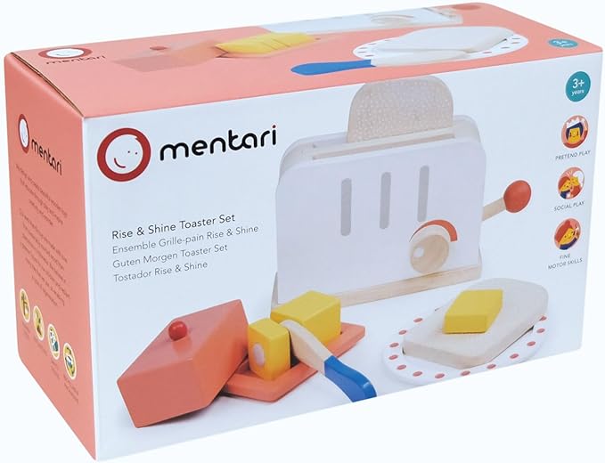 Mentari Toys - Rise & Shine Toaster Set - 10pc Wooden Toaster Toy with Pretend Play Food Accessories - Kids Role Play Kitchen/Cafe Toy - Improves Motor Skills - Sparks Creativity - Age 3+