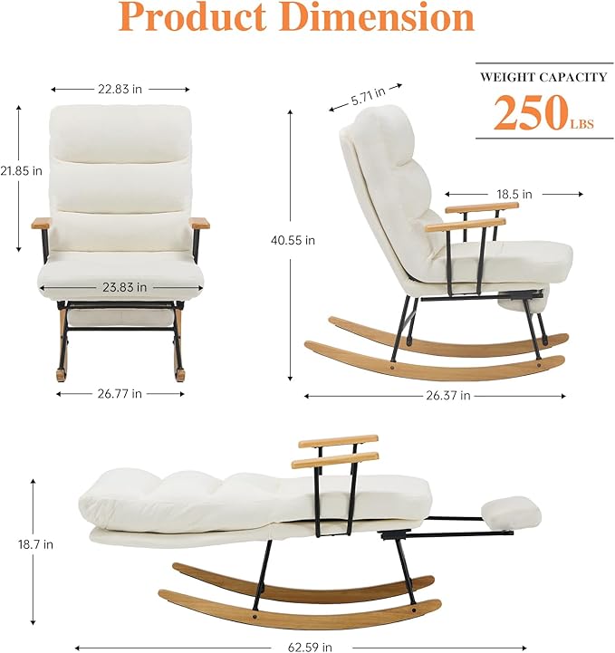 Rocking Chair with Footrest-Glider Rocker Chair with Retractable Footrest and Adjustable Backrest, Teddy Upholstered Rocking Chair Set of 2, Accent Chair for Living Room/Nursery/Bedroom/Outdoor-Beige