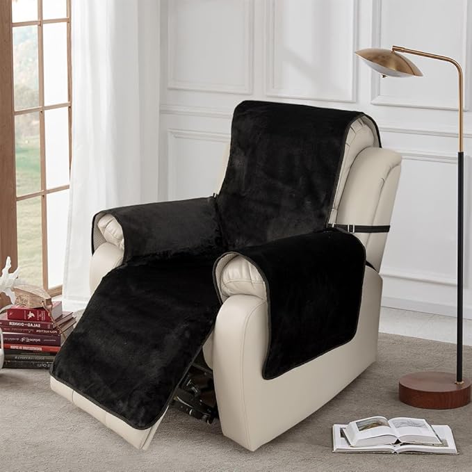 RBSC Home Waterproof Faux Fur Recliner Covers - Black Antislip Recliner Chair Slipcover Faux Rabbit Plush Furniture Protector with Elastic Straps for Kids, Dogs, Pets