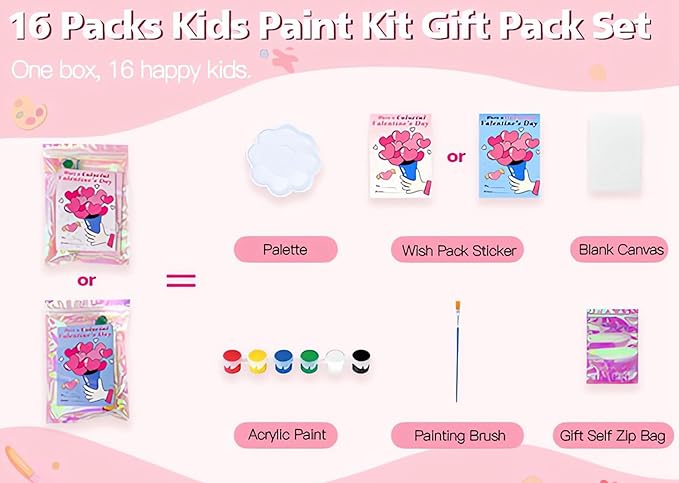 16pcs Valentines Day Gifts Cards for Kids Class Valentine Exchange Classroom Gifts School Party Favors Watercolor Acrylic Paint Kit Set Valentines with Drawing Canvas Palette Brush Wishes Stickers