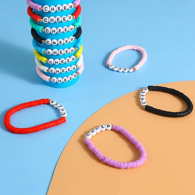 24 Pcs Cheerleader Gifts for Girls Handmade Friendship Bracelets for Teen Girls Stretch Cheer Bracelets Y2k Cheer Stuff Stackable Clay Bead Bracelets Bulk Teens Birthday Christmas Party Favors