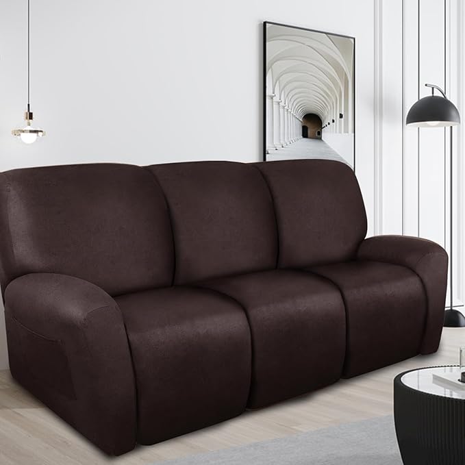 Recliner Couch Cover Leather Look Recliner Sofa Covers for 3 Cushion Reclining Sofa Slipcovers 8-Pieces Furniture Protector Spandex Fabric Washable (3 Seater, 01 Chocolate)