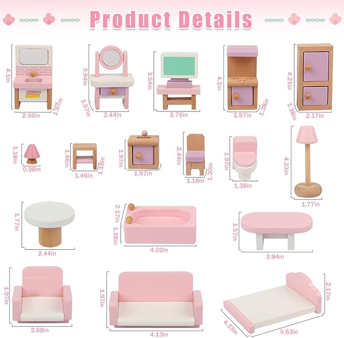 Wooden Dollhouse Furniture Set, 22 Pcs Miniature Doll House Accessories,4 Rooms Wood Pink Dollhouse Accessories Pretend Play Furniture Toys for for Kids Boys Girls Age 3