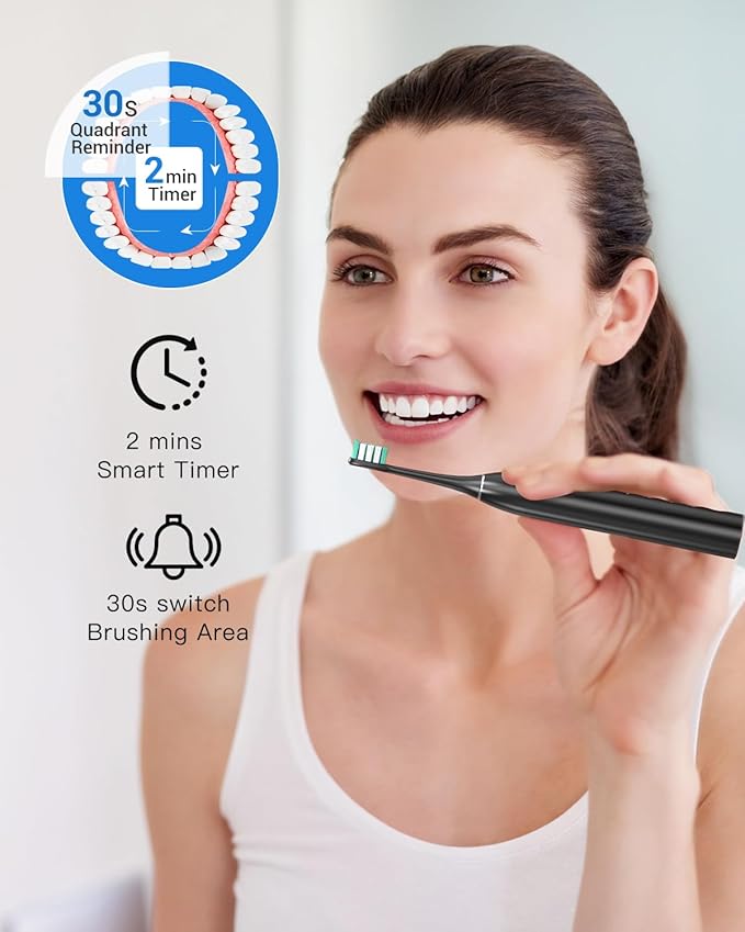 Rtauys Electric Toothbrush for Adults and Kids, Wireless Rechargeable Tooth Brush with 8 Replacement Heads, One Charge for 120 Days, 5 Modes Toothbrush with Travel Case, Black