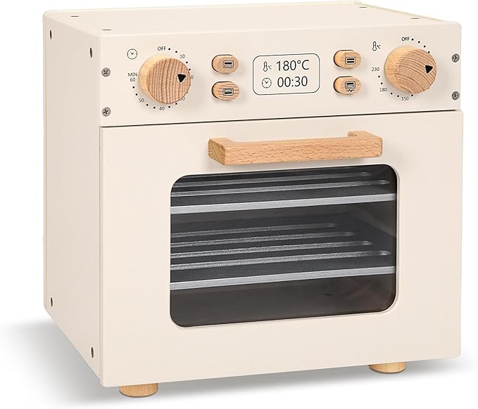Wooden Kids Oven, Pretend Play Oven for Toddlers with DIY Stickers, Kitchen Play Set Accessories with Push-Pull Baking Tray. Ideal Choice for Boys and Girls Aged 3+