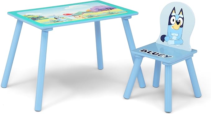 Delta Children - Bluey 4-Piece Toddler Room-in-a-Box Set – Includes Sleep and Play Toddler Bed, Table, 1 Chair and Fabric Toy Box, Blue