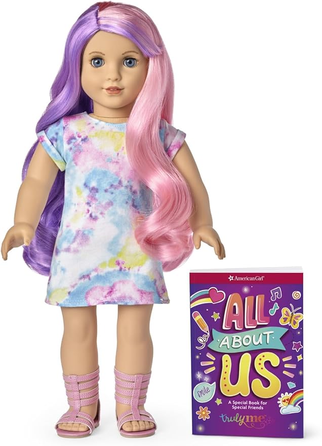 American Girl Truly Me 18-inch Doll #116 with Blue Eyes, Purple-and-Pink Hair, Light Skin, Tie Dye T-shirt Dress, For Ages 6+