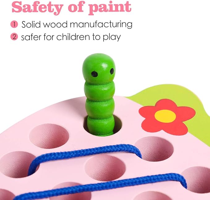 Skrtuan Wooden Lacing Threading Toys Wood Block Puzzle Car Airplane Travel Game Montessori Early Development Fine Motor Skills Educational Gift for 3 4 5 Years Old Toddlers Baby Kids, 1 Strawberry