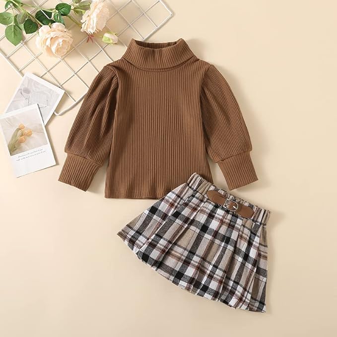Fernvia Toddler Baby Girl Fall Winter Skirt Set Turtleneck Ribbed Long Sleeve T-Shirt Top & Plaid Skirts Dress 2Pcs Outfits