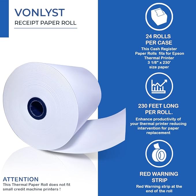 3 1/8 x 230 Thermal Paper Receipt Roll for Epson Printer (Pack 24 rolls)