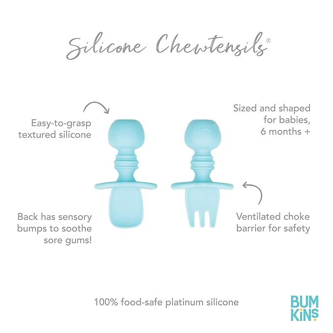 Bumkins Baby Utensils Set, Chewtensils Silicone Spoons for Dipping, Self-Feeding, Baby Led Weaning, Trainer Learning First Stage Eating, Soft Practice Fork and Spoon, Babies 6 Months, Blue