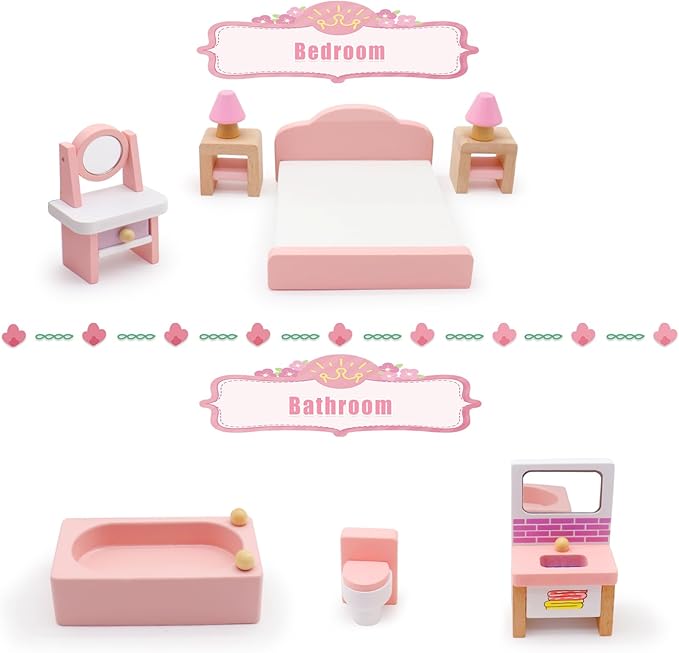 Wooden Dollhouse Furniture Set, 22 Pcs Miniature Doll House Accessories,4 Rooms Wood Pink Dollhouse Accessories Pretend Play Furniture Toys for for Kids Boys Girls Age 3
