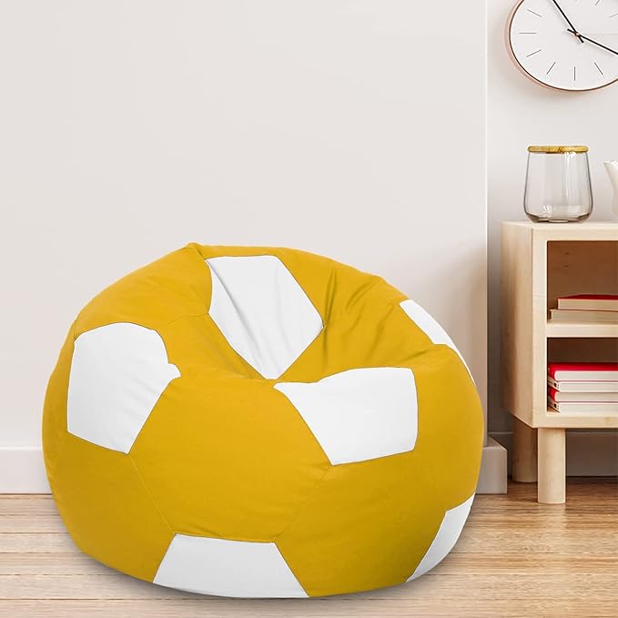 Ample Decor Soccer Bean Bag Cover (Filler Not Included), Leatherette Durable Double Stitched Material Sturdy Zippers, Ideal for Children and Teenagers - White and Yellow
