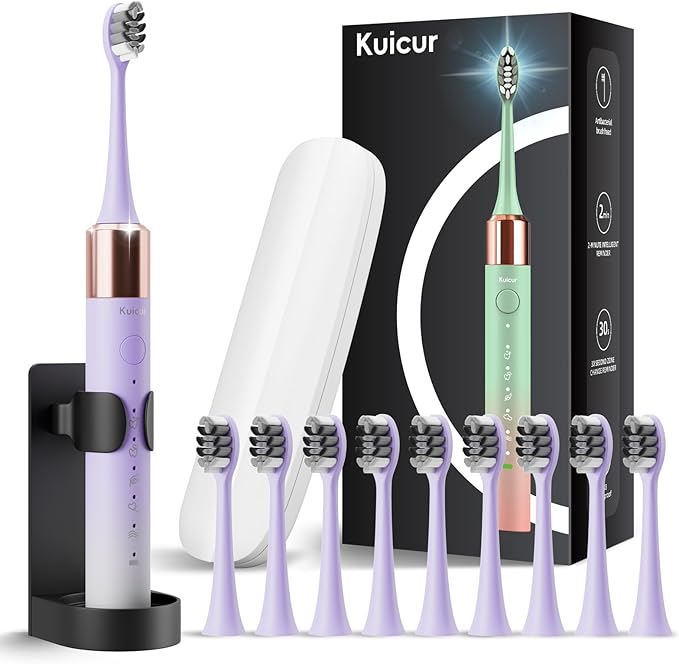 Sonic Electric Toothbrush for Adults & Kids, Rechargeable Electric Toothbrush with 10 Brush Heads & Travel Case, Teeth Whitening, Power Electric Toothbrush with Holder, Charge for 120 Days - Purple