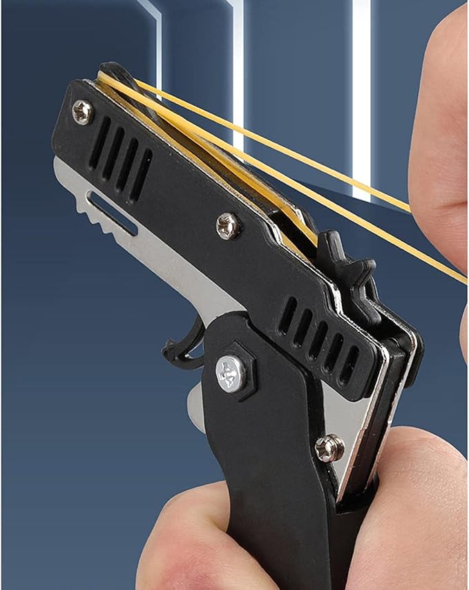Kids Toys Cool Keychain Rubber Band Launcher Toy 4pcs Mini Metal Folding Rubber Launcher Toy with 240 Elastic Rubber Bands for Game Outdoor Activities (4 Colors)