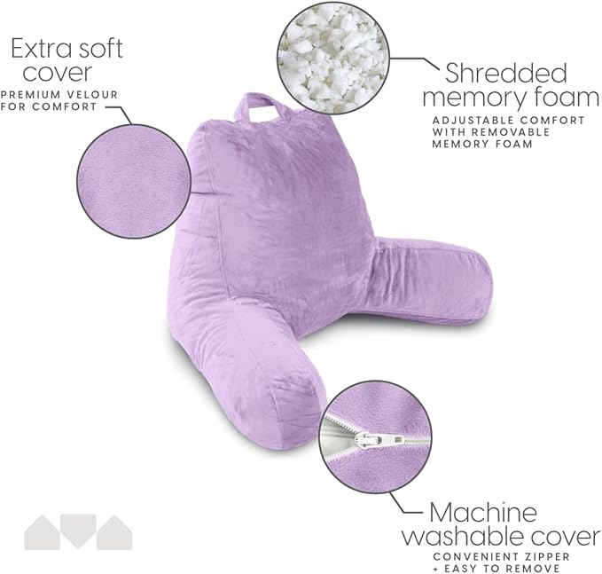 Milliard Reading Pillow with Shredded Memory Foam, Large Adult Backrest with Arms, Back Support for Sitting Up in Bed with Washable Cover (Sit up Pillow) (Lavender)