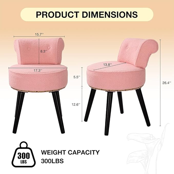 Sherpa Vanity Chair with Back Small Makeup Chair with Wood Legs Sherpa Vanity Stool Tufted Accent Chairs with Low Back Makeup Chair for Vanity for Women Girl and Kids (Pink)