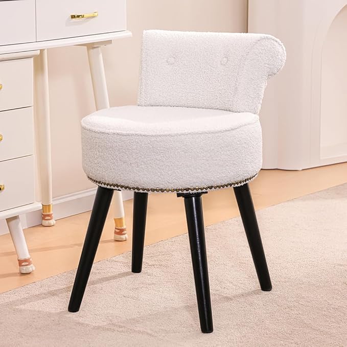 Sherpa Vanity Chair with Back Small Makeup Chair with Wood Legs Sherpa Vanity Stool Tufted Accent Chairs with Low Back Makeup Chair for Vanity for Women Girl and Kids (White)