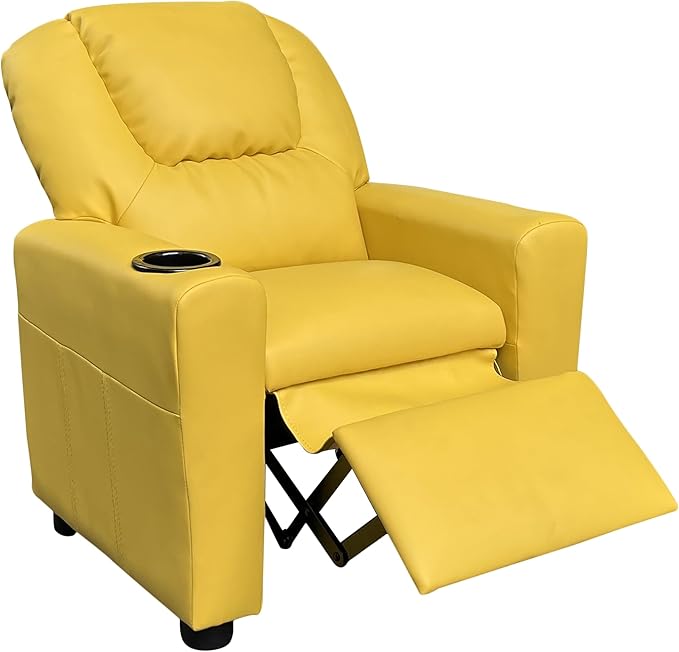 22" Kids Recliner Chair,Home Chirdren Seating with Cup Holder,Adjustable Footrest,Ergonomic Toddler Furniture w/Tilt Function,PU Leather,for Children,Boys & Girls, Living Room,Yellow