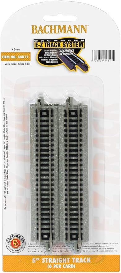 Bachmann Trains - Snap-Fit E-Z TRACK 5” STRAIGHT TRACK (6/card) - NICKEL SILVER Rail With Grey Roadbed - N Scale, 8
