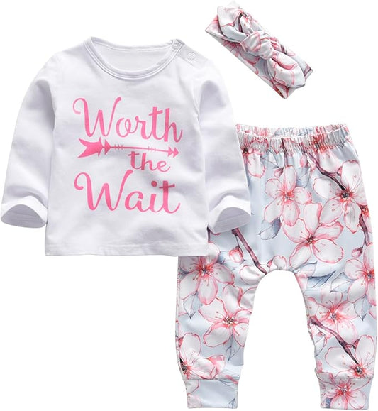 KuKitty 3Pcs Baby Girl Outfits Set Long Sleeve T-Shirt Tops Flowers Pants with Headband