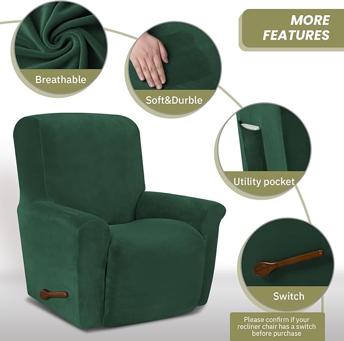 AZON Velvet Stretch Recliner Chair Cover,1-Piece Washable Recliner Couch Cover with Elastic Furniture Protector for Pets, Kids(Recliner, Blackish Green)
