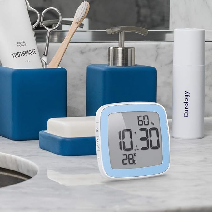 BALDR Digital Bathroom Clock with Timer - Waterproof Shower Clock with Time and Temperature - Waterproof Shower Timer for Kids and Adults - Bathroom Timer, Digital Shower Clocks for Bathroom (Blue)