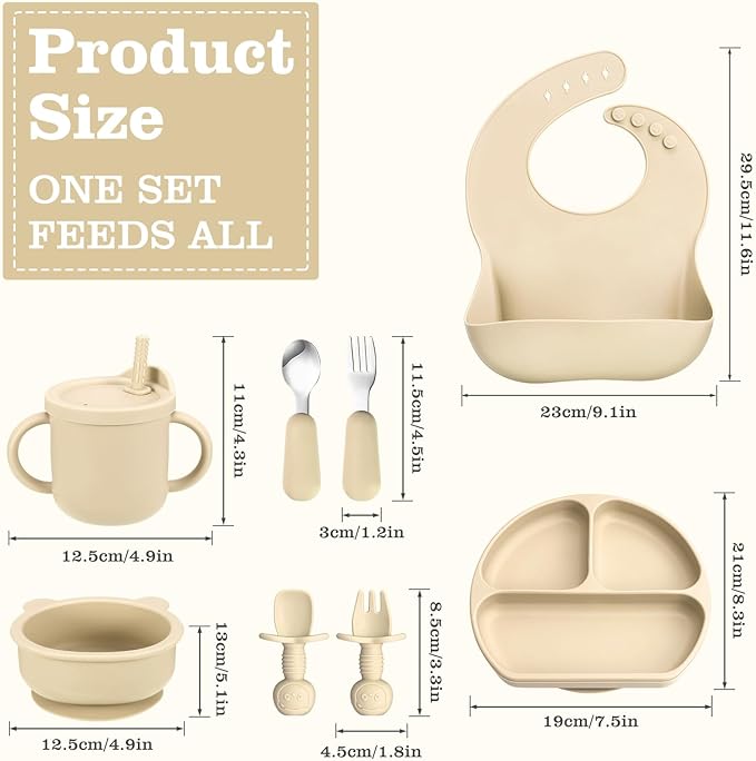 Silicone Baby Feeding Set, Baby Led Weaning Supplies with Suction Bowl Divided Plate, Toddler Self Feeding Dish Set with Spoons Forks Sippy Cup Adjustable Bib, Eating Utensils for 6+ Months(Beige)